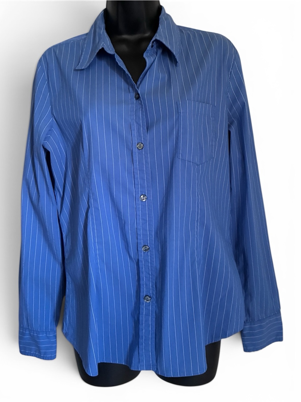 VTG Y2k Office Siren Preppy New York & Company Blue Pinstripe Dress Shirt Sz L